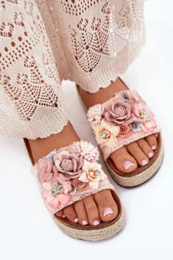 Klapki Na Platformie|Klapki Damskie Klasyczne>Boto Klapki Damskie Na Platformie Z Plecionką I Kwiatkami Różowe Chellia Różowy