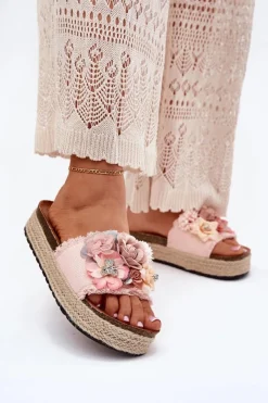 Klapki Na Platformie|Klapki Damskie Klasyczne>Boto Klapki Damskie Na Platformie Z Plecionką I Kwiatkami Różowe Chellia Różowy