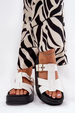 New Boto Klapki Damskie Na Platformie Z Paskami I Klamrą Białe Elimessa