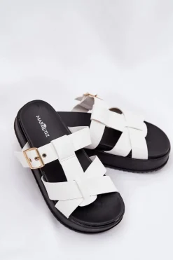 New Boto Klapki Damskie Na Platformie Z Paskami I Klamrą Białe Elimessa