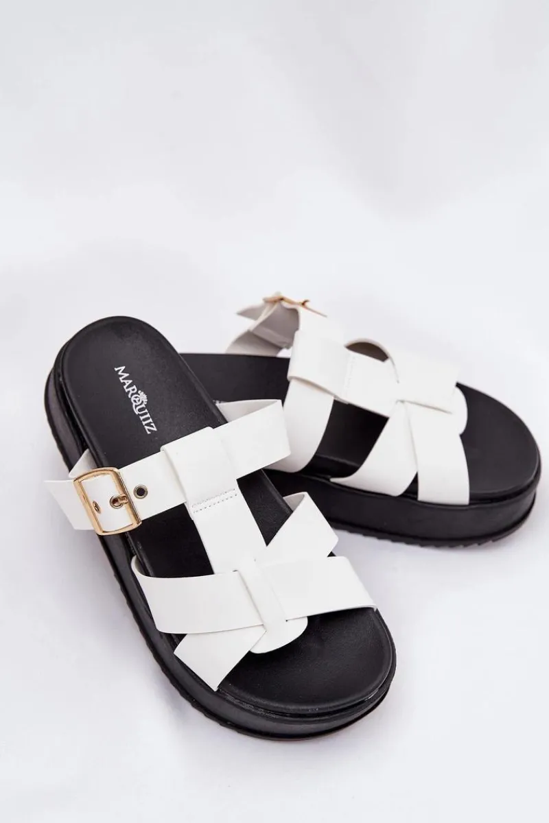 New Boto Klapki Damskie Na Platformie Z Paskami I Klamrą Białe Elimessa