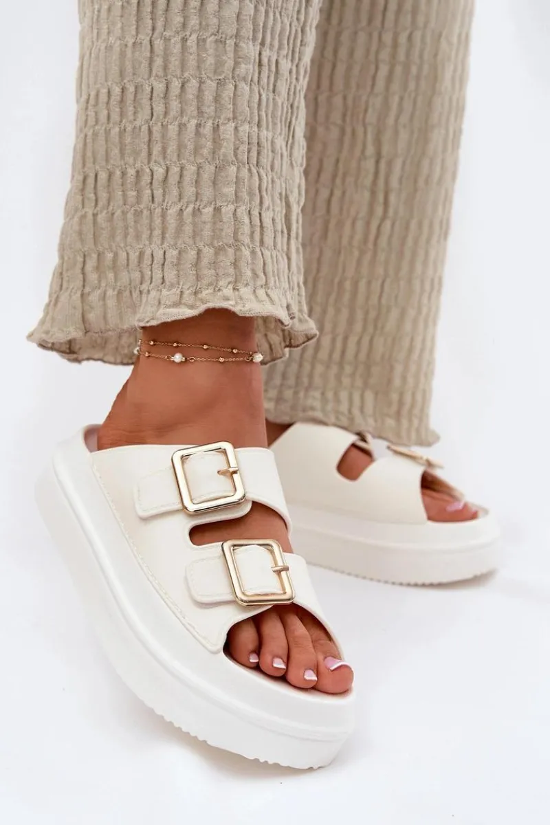 Outlet Klapki Damskie Na Platformie Ze Złotymi Klamrami Ecru Zorila Damskie Klapki Na Platformie|Klapki Damskie Klasyczne