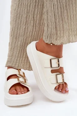 Outlet Klapki Damskie Na Platformie Ze Złotymi Klamrami Ecru Zorila Damskie Klapki Na Platformie|Klapki Damskie Klasyczne