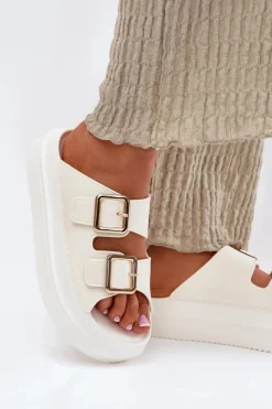 Outlet Klapki Damskie Na Platformie Ze Złotymi Klamrami Ecru Zorila Damskie Klapki Na Platformie|Klapki Damskie Klasyczne