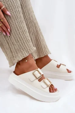 Outlet Klapki Damskie Na Platformie Ze Złotymi Klamrami Ecru Zorila Damskie Klapki Na Platformie|Klapki Damskie Klasyczne