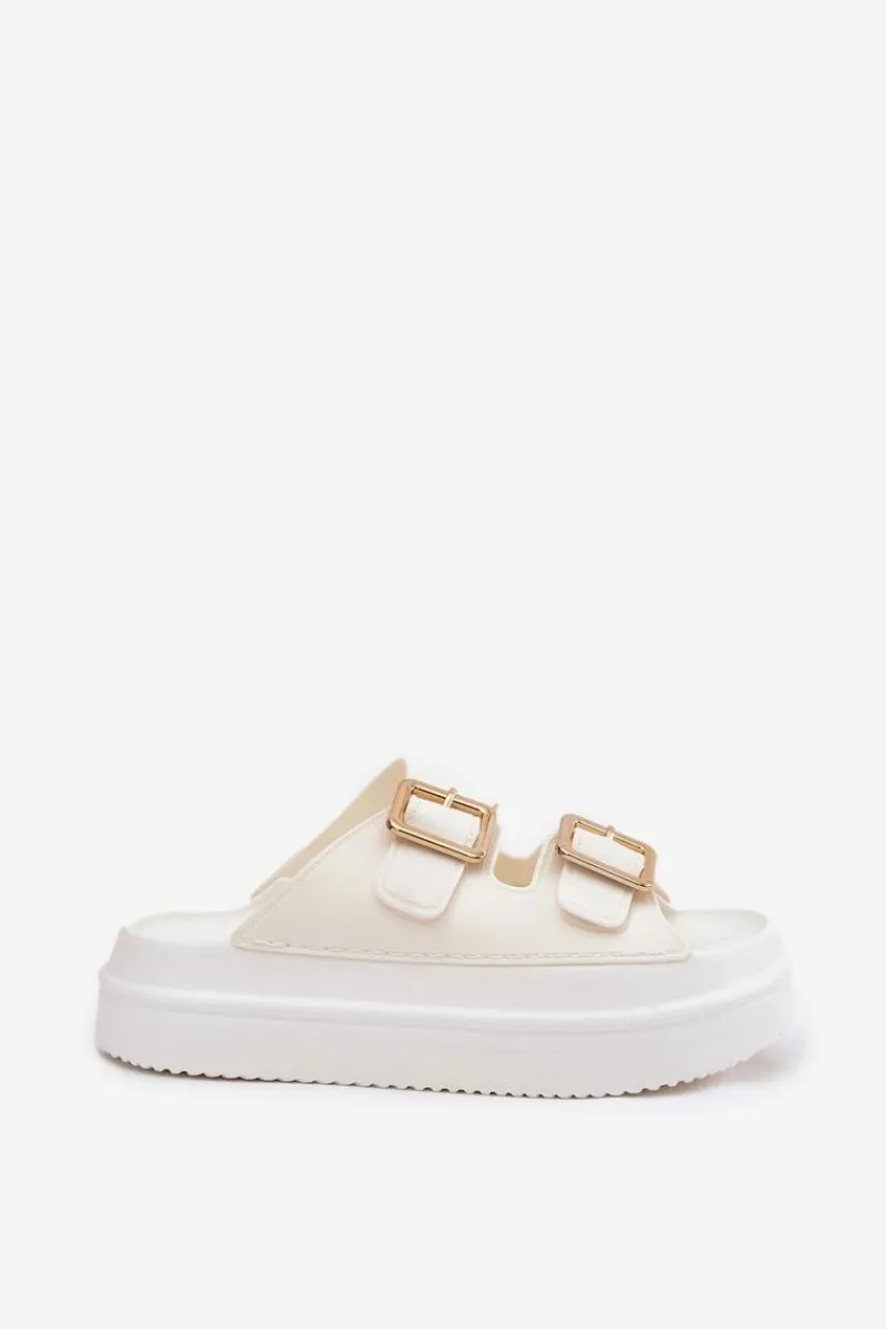 Outlet Klapki Damskie Na Platformie Ze Złotymi Klamrami Ecru Zorila Damskie Klapki Na Platformie|Klapki Damskie Klasyczne