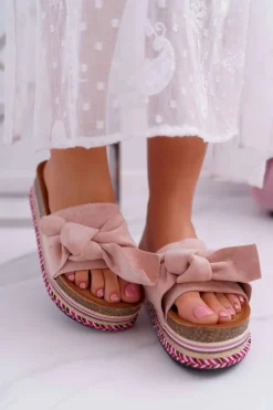 Online Boto Klapki Damskie Na Platformie Z Kokardą Różowe Chantal