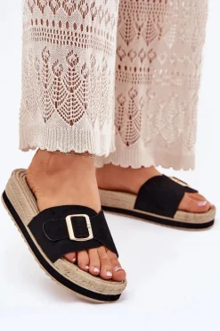 Online Boto Klapki Damskie Na Platformie Ze Złotą Klamrą Czarne Selira Czarny