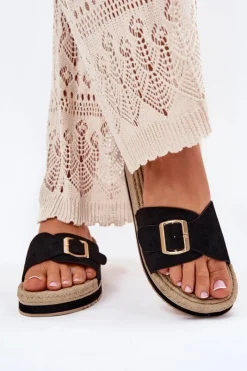 Online Boto Klapki Damskie Na Platformie Ze Złotą Klamrą Czarne Selira Czarny