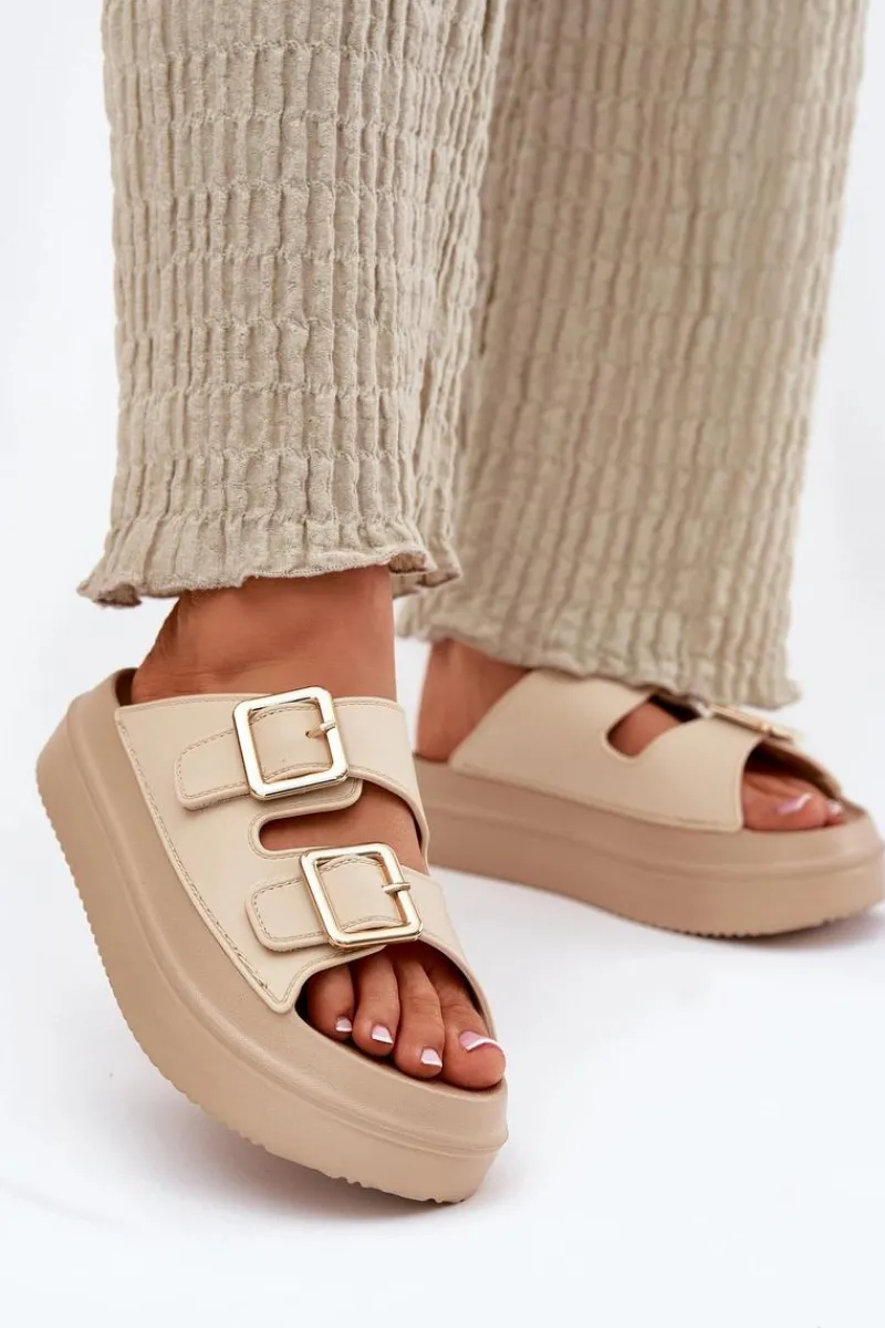 Discount Boto Klapki Damskie Na Platformie Ze Złotymi Klamrami Beżowe Zorila