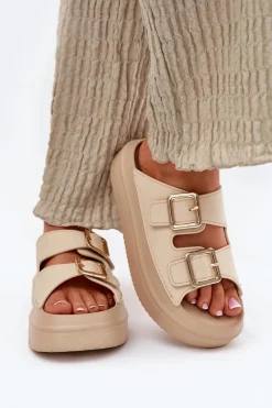 Discount Boto Klapki Damskie Na Platformie Ze Złotymi Klamrami Beżowe Zorila