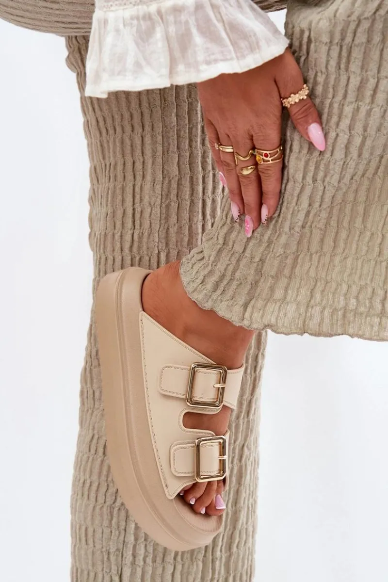 Discount Boto Klapki Damskie Na Platformie Ze Złotymi Klamrami Beżowe Zorila