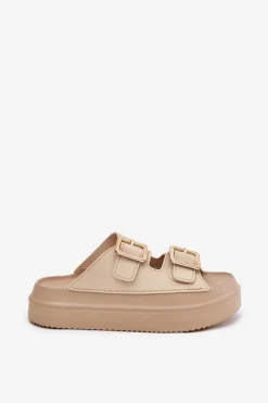 Discount Boto Klapki Damskie Na Platformie Ze Złotymi Klamrami Beżowe Zorila