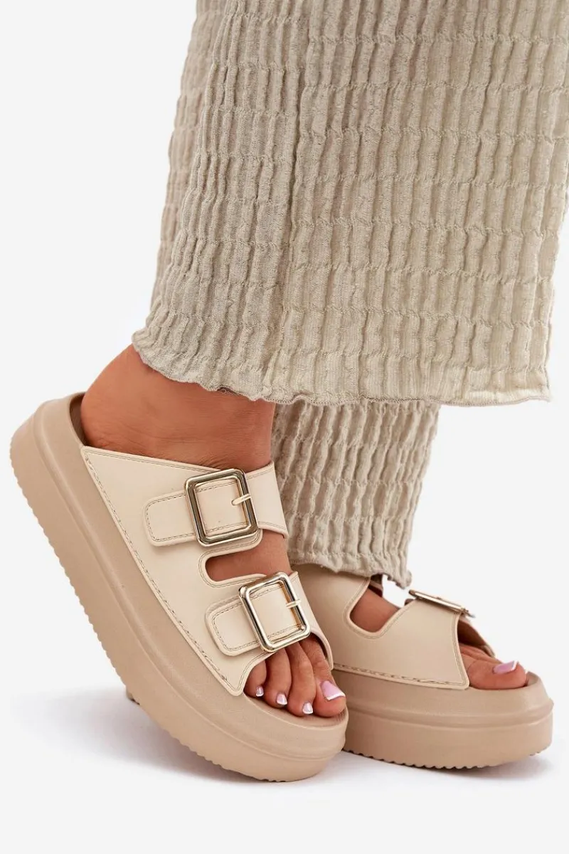 Discount Boto Klapki Damskie Na Platformie Ze Złotymi Klamrami Beżowe Zorila