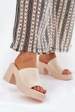 Clearance Klapki Damskie Na Słupku I Platformie Beżowe Omeisa Damskie Klapki Na Obcasie|Klapki Na Platformie