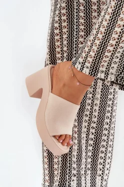 Clearance Klapki Damskie Na Słupku I Platformie Beżowe Omeisa Damskie Klapki Na Obcasie|Klapki Na Platformie