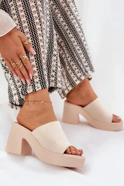 Clearance Klapki Damskie Na Słupku I Platformie Beżowe Omeisa Damskie Klapki Na Obcasie|Klapki Na Platformie