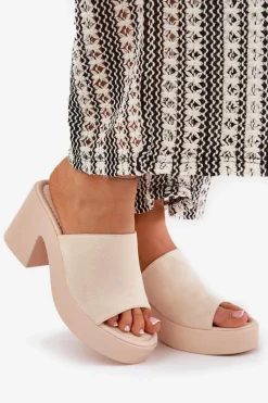 Clearance Klapki Damskie Na Słupku I Platformie Beżowe Omeisa Damskie Klapki Na Obcasie|Klapki Na Platformie