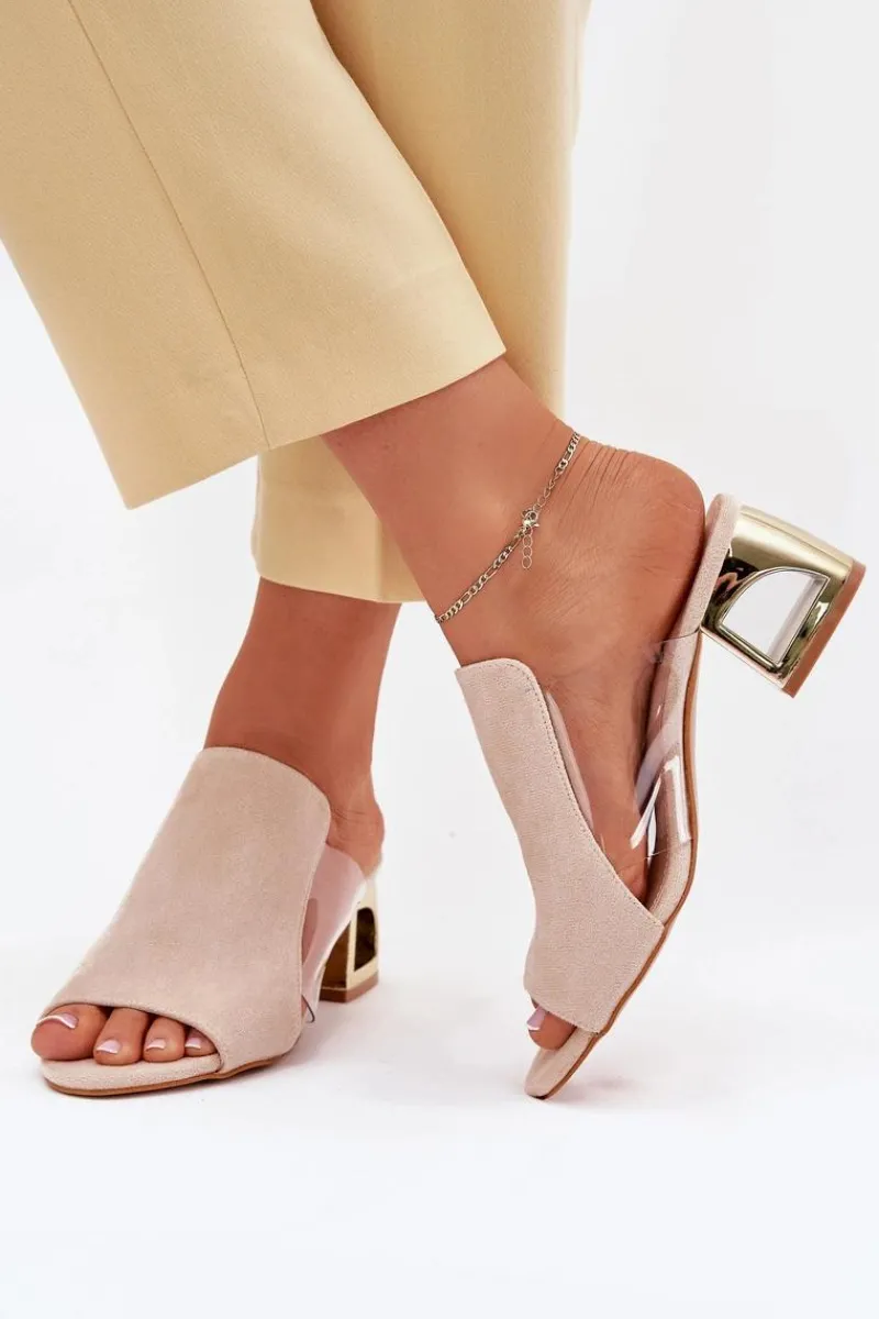 New Klapki Damskie Na Złotym Słupku Jasnobeżowe Tessira Damskie Klapki Na Obcasie|Klapki Damskie Klasyczne