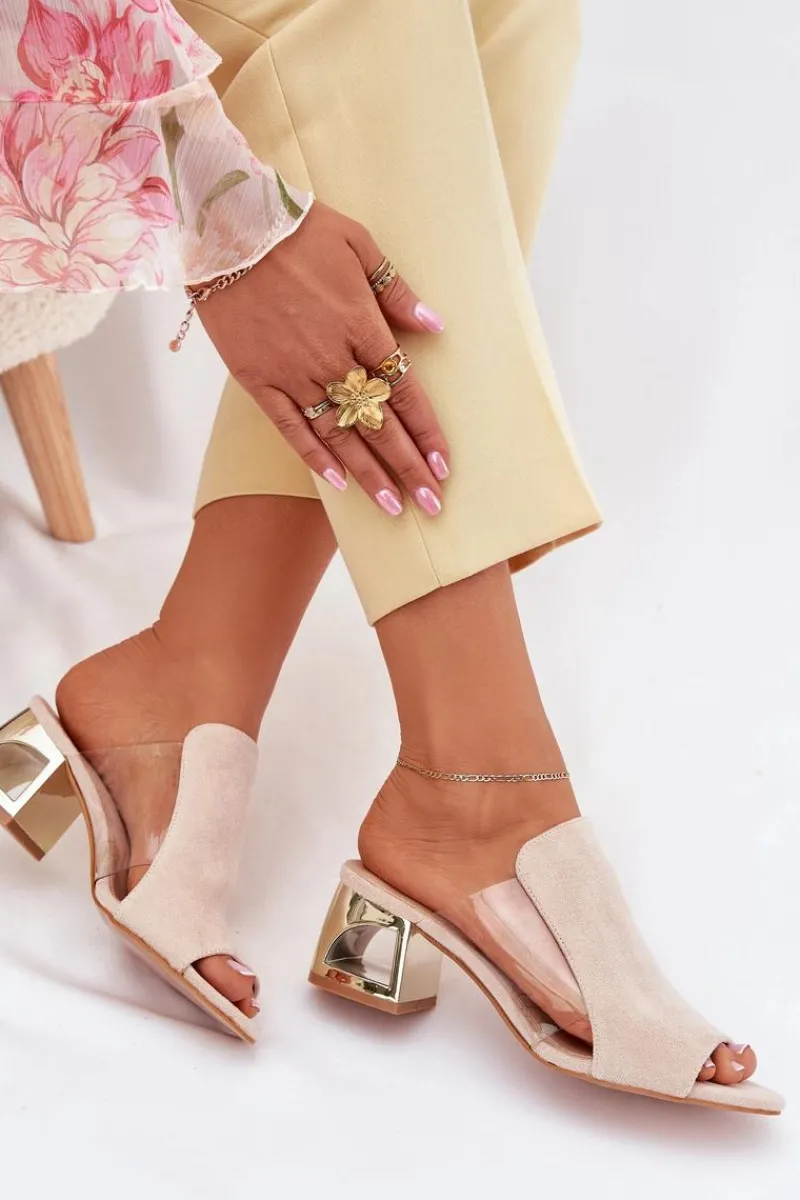 New Klapki Damskie Na Złotym Słupku Jasnobeżowe Tessira Damskie Klapki Na Obcasie|Klapki Damskie Klasyczne