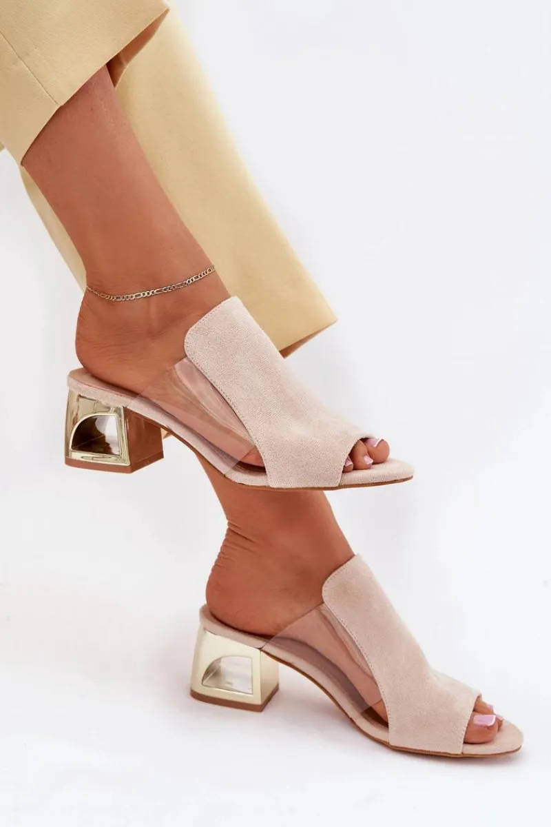 New Klapki Damskie Na Złotym Słupku Jasnobeżowe Tessira Damskie Klapki Na Obcasie|Klapki Damskie Klasyczne