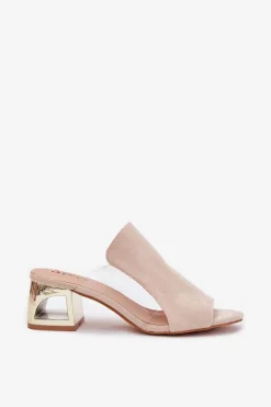 New Klapki Damskie Na Złotym Słupku Jasnobeżowe Tessira Damskie Klapki Na Obcasie|Klapki Damskie Klasyczne