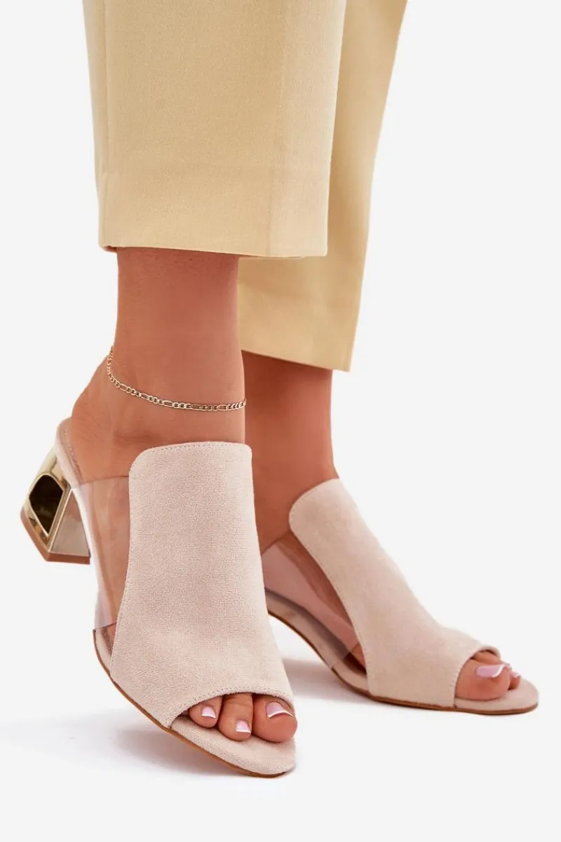 New Klapki Damskie Na Złotym Słupku Jasnobeżowe Tessira Damskie Klapki Na Obcasie|Klapki Damskie Klasyczne