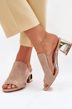 Klapki Na Obcasie|Klapki Damskie Klasyczne>Boto Klapki Damskie Na Złotym Słupku Beżowe Tessira