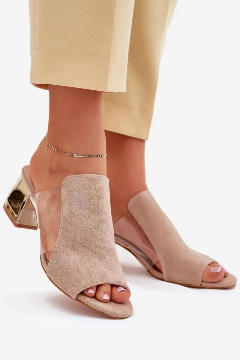 Klapki Na Obcasie|Klapki Damskie Klasyczne>Boto Klapki Damskie Na Złotym Słupku Beżowe Tessira