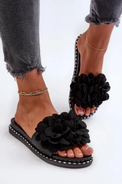 Outlet Klapki Damskie Ozdobione Kwiatami Czarne Cellanen Damskie Klapki Damskie Klasyczne