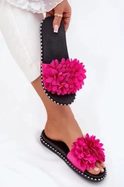 Outlet Klapki Damskie Ozdobione Kwiatami Fuksja Cellanen Damskie Klapki Damskie Klasyczne