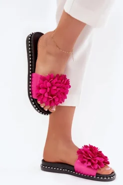 Outlet Klapki Damskie Ozdobione Kwiatami Fuksja Cellanen Damskie Klapki Damskie Klasyczne