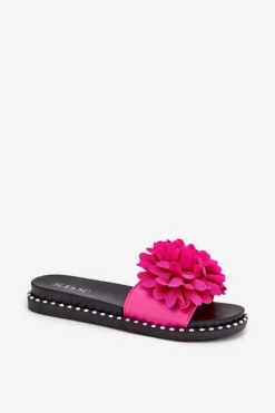 Outlet Klapki Damskie Ozdobione Kwiatami Fuksja Cellanen Damskie Klapki Damskie Klasyczne