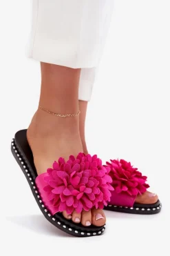 Outlet Klapki Damskie Ozdobione Kwiatami Fuksja Cellanen Damskie Klapki Damskie Klasyczne