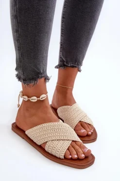 Best Big Star Shoes Klapki Damskie Płaskie Big Star NN274078 Beżowe Beżowy