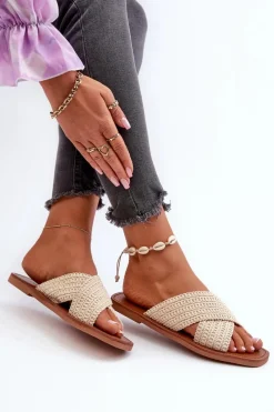 Best Big Star Shoes Klapki Damskie Płaskie Big Star NN274078 Beżowe Beżowy