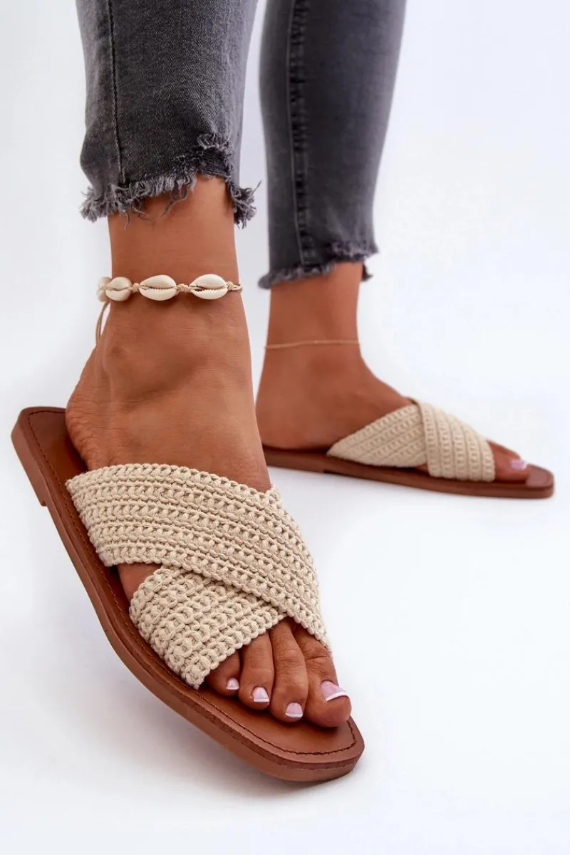 Best Big Star Shoes Klapki Damskie Płaskie Big Star NN274078 Beżowe Beżowy