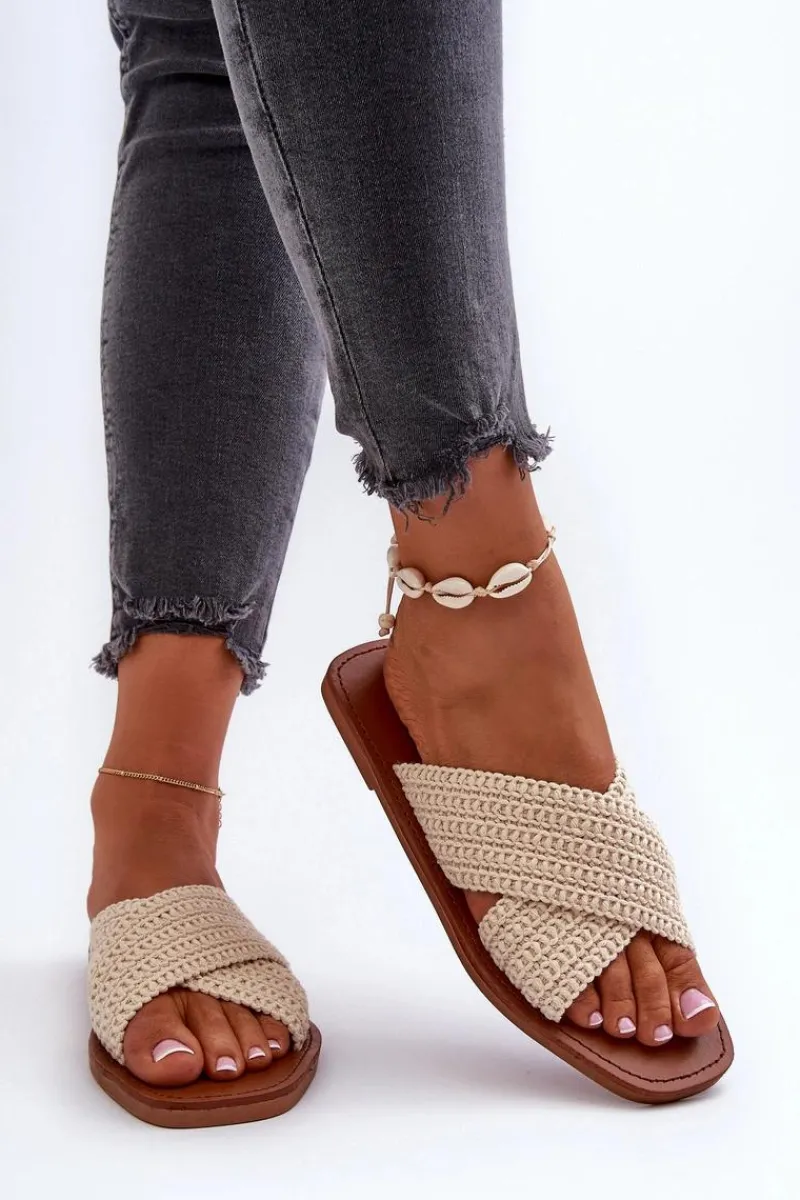 Best Big Star Shoes Klapki Damskie Płaskie Big Star NN274078 Beżowe Beżowy