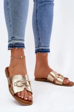 Klapki Damskie Klasyczne>Evento Klapki Damskie Płaskie Z Ozdobnym Detalem Złote Amiresna Złoty