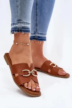 Online Evento Klapki Damskie Płaskie Z Ozdobnym Detalem Camel Amiresna Brązowy