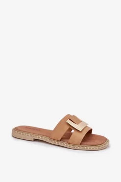 Klapki Damskie Płaskie Z Ozdobnym Detalem 56C1335 Beżowe Damskie Klapki Damskie Klasyczne