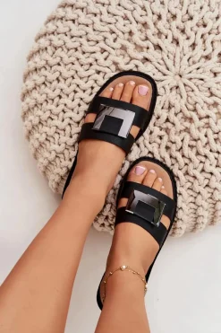 Klapki Damskie Klasyczne></noscript>Artiker Klapki Damskie Płaskie Z Ozdobnym Detalem 56C1336 Czarne Czarny