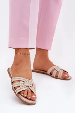 Clearance Boto Klapki Damskie Płaskie Z Przeplatającymi Się Paskami Beżowe Acimine Beżowy