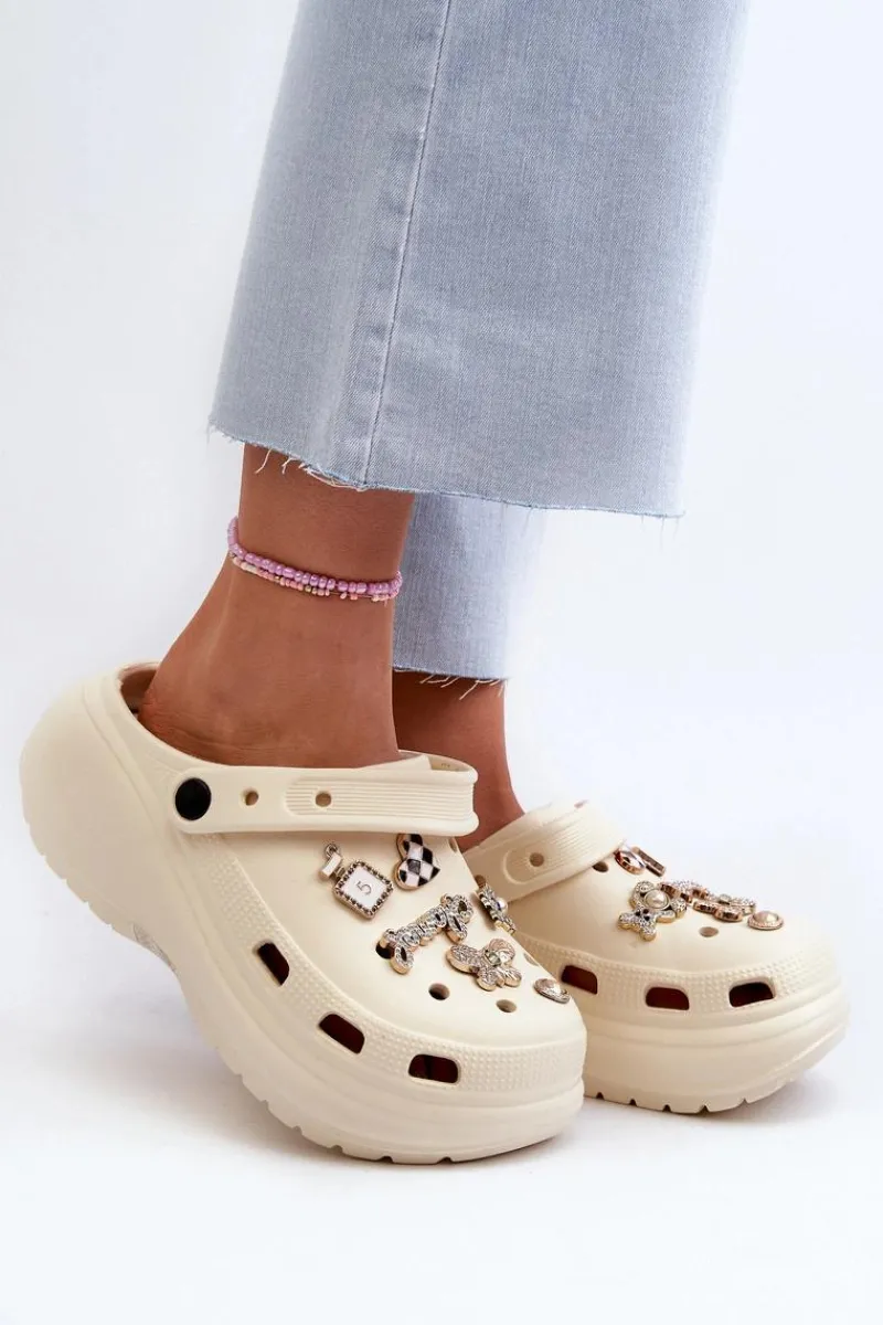 Clearance Klapki Damskie Piankowe Lekkie Na Grubej Podeszwie Z Przypinkami Beżowe Effiora Damskie Klapki Na Platformie|Klapki Damskie Klasyczne