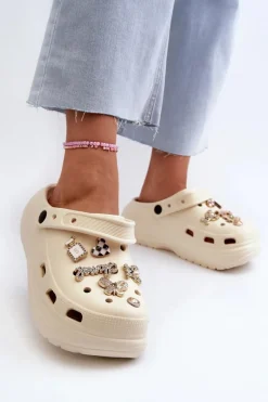 Clearance Klapki Damskie Piankowe Lekkie Na Grubej Podeszwie Z Przypinkami Beżowe Effiora Damskie Klapki Na Platformie|Klapki Damskie Klasyczne