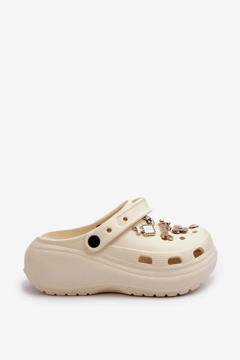 Clearance Klapki Damskie Piankowe Lekkie Na Grubej Podeszwie Z Przypinkami Beżowe Effiora Damskie Klapki Na Platformie|Klapki Damskie Klasyczne