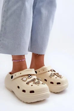 Clearance Klapki Damskie Piankowe Lekkie Na Grubej Podeszwie Z Przypinkami Beżowe Effiora Damskie Klapki Na Platformie|Klapki Damskie Klasyczne