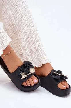 Klapki Basenowe|Klapki Na Platformie>Boto Klapki Damskie Piankowe Na Platformie Z Kokardką I Broszką Czarne Marlize Czarny