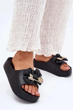 Klapki Basenowe|Klapki Na Platformie>Boto Klapki Damskie Piankowe Na Platformie Z Kokardką I Broszką Czarne Marlize Czarny