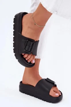 Online Klapki Damskie Piankowe Na Platformie Z Klamrą Czarne Viasara Damskie Klapki Basenowe|Klapki Na Platformie